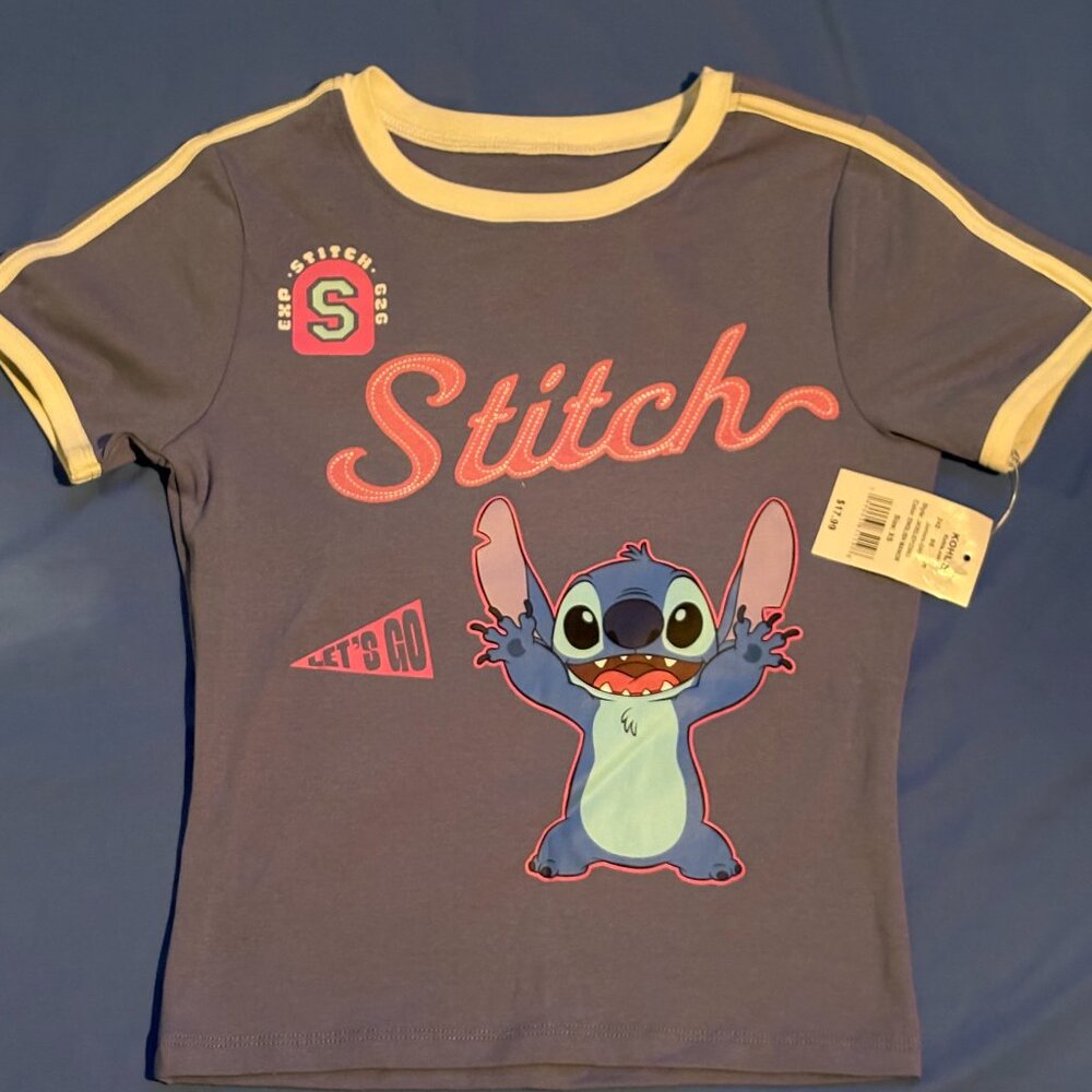 Disney Stitch Juniors Blue and Pink T-Shirt